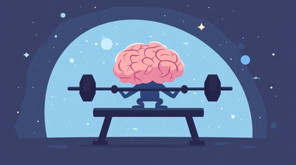 brain on workout bench lifting dumbbells, humorous and inspiring flat vector illustration, concept of concentration and brain fitness