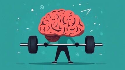 brain lifting small weights in gym setting, focused expression, healthy lifestyle concept, vector flat style, mental power symbolism