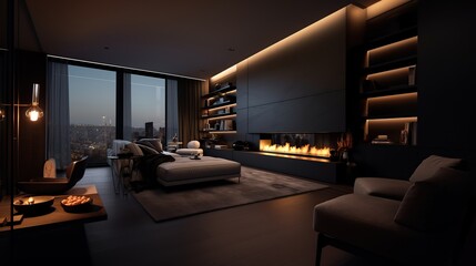 Obraz premium Luxurious modern living room with a panoramic view and a striking fireplace