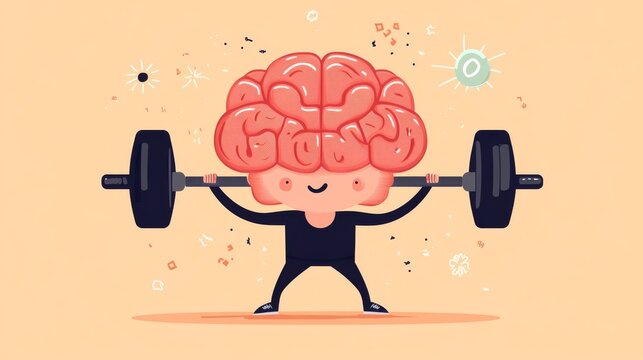 brain lifting small weights in gym setting, focused expression, healthy lifestyle concept, vector flat style, mental power symbolism