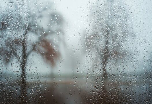 Rain-streaked window view of misty, blurred bare trees on a grey, atmospheric day