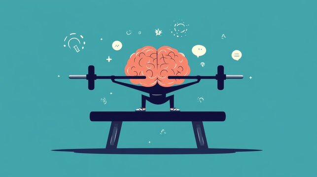 brain on workout bench lifting dumbbells, humorous and inspiring flat vector illustration, concept of concentration and brain fitness
