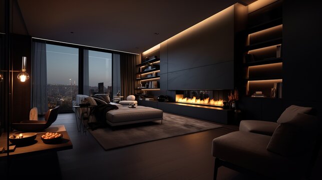 Luxurious modern living room with a panoramic view and a striking fireplace