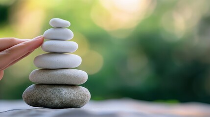 Obraz premium fingers carefully aligning final rock on minimalistic white stack, quiet energy of balance and spirituality, blurred background of nature emphasizing simplicity