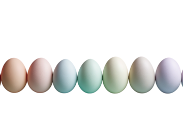 Row of pastel, naturally colored eggs against stark black background