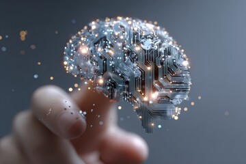 Obraz premium Interaction with artificial intelligence brain showcasing technology and human connection in a digital environment during modern innovation