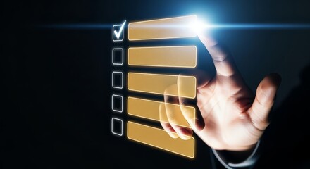A hand touching a digital checklist with one item already checked on a dark background with light flare