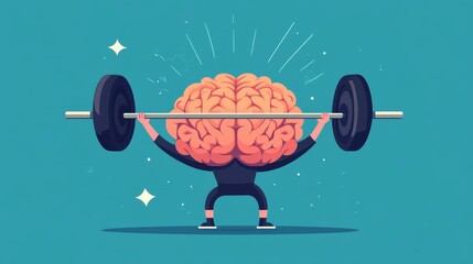 stylized brain with muscular arms, lifting barbells confidently, bright flat illustration, symbolizing mental strength and intelligence training
