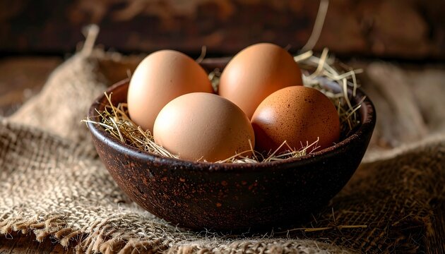 Rustic Egg Bowl Fresh Brown Eggs Nestled on Hay Burlap Cloth with Farmhouse Style.