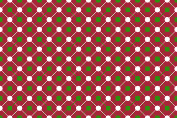 Fototapeta premium Christmas seamless pattern with green and white dots and connected by diagonal lines on red background. Vector Illustration.