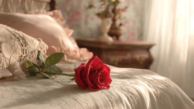 Red rose on vintage bed in morning light