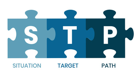 STP - situation target path. business concept background. vector illustration concept with keywords and icons. lettering illustration with icons for web banner, flyer, landing page, presentation