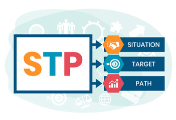 STP - situation target path. business concept background. vector illustration concept with keywords and icons. lettering illustration with icons for web banner, flyer, landing page, presentation
