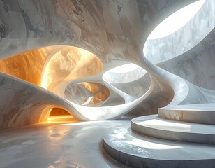 Futuristic, organically-shaped interior with glowing elements and marble