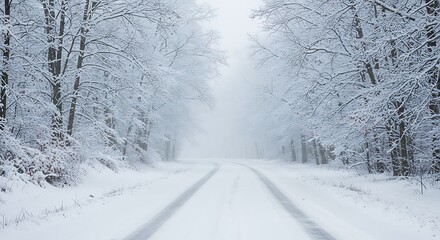 Obraz premium Winter Wonderland A Snowy Road Beckons Through the Forest, Serene and Pristine