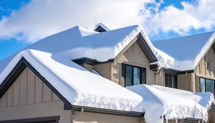 Snowy Roof of a House Under Blue Sky with Winter Season with Ice Formation.