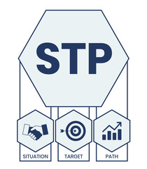 STP - situation target path. business concept background. vector illustration concept with keywords and icons. lettering illustration with icons for web banner, flyer, landing page, presentation