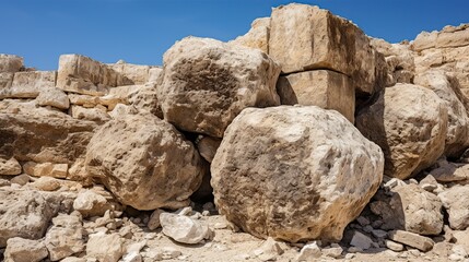 Massive Rough-Hewn Stone Blocks Scattered Amidst Ancient Ruined Structures Under a Clear Blue Sky