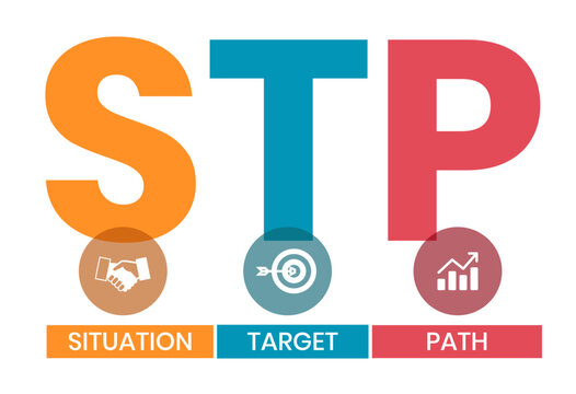 STP - situation target path. business concept background. vector illustration concept with keywords and icons. lettering illustration with icons for web banner, flyer, landing page, presentation