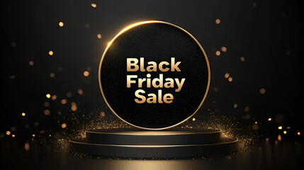 Elegant black friday sale design with golden text on black circle and bokeh lights background