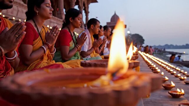 indian devotees praying with lit diyas sacred ceremony