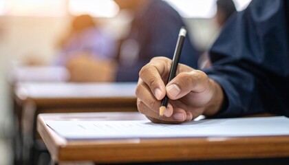 Student hand writing a test in classroom with education concept, selective focus, and blurred background.