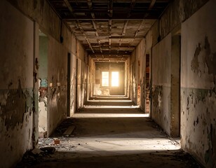 Obraz premium Long corridor of decaying building with sunlight at the end