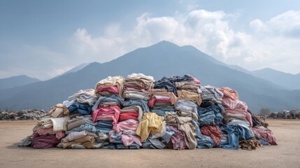 Piled Textiles on Outdoor Site Showcasing Clothing Waste with Mountains in Background Under Clear Sky