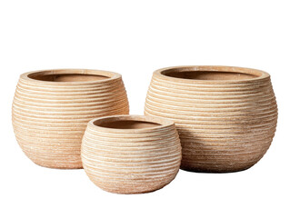 Three textured, beige, round flower pots in varying sizes on dark background