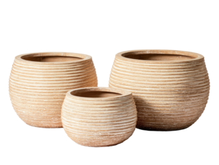 Three textured, beige, round flower pots in varying sizes on dark background