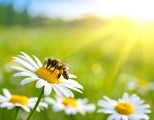 A bee collects pollen on a daisy under a bright, sunny, clear sky