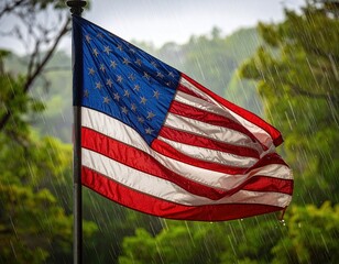 A billowing flag of red, white, and blue against a rainy, verdant backdrop