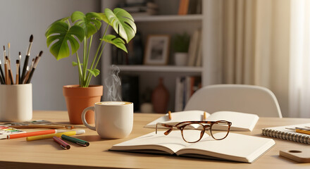 Inviting home office desk with coffee, notebook, glasses, art supplies, and a plant for remote work, study, and creative inspiration