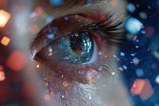 Close-up eye with intricate digital reflection, surrounded by colorful floating shapes