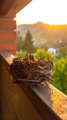 A bird's nest on a wooden railing, golden sunlight on a scenic background