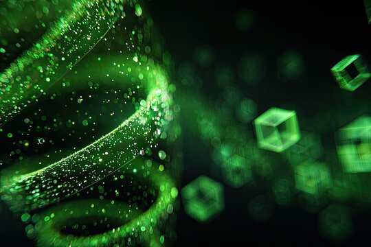 A glowing, green spiral emits particles and geometric shapes against a dark backdrop