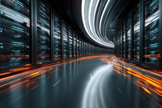 A futuristic tunnel with rows of server racks, and glowing light trails, suggesting data flow
