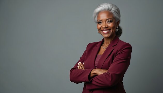 Stylish confident mature black woman stands in maroon business suit. Smiles with arms crossed. Strong female business leader represents success, power, pro achievement in studio isolated portrait.