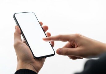 Smartphone held by hand on white background isolated on white background