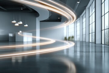 Modern interior of an office space, light trails swirl, windows bright
