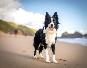 A black and white dog stands on a sandy beach