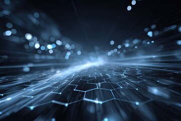 Abstract depiction of data flow, with hexagonal grid and blurred, glowing light