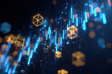 Abstract depiction of digital data and financial metrics with glowing hexagonal shapes