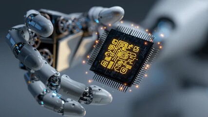 A robot arm holding a computer chip. The chip has a QR code on it. Macro robotic hand holding a glowing microchip with biometric symbols, AI biomedical trial concept, ai powered clinical trials - Powered by Adobe