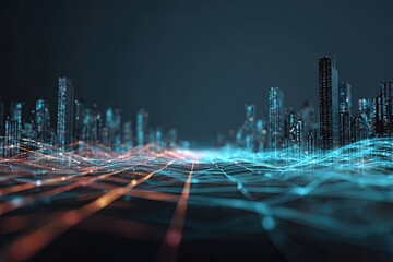 Conceptual rendering of an illuminated futuristic cityscape with data streams