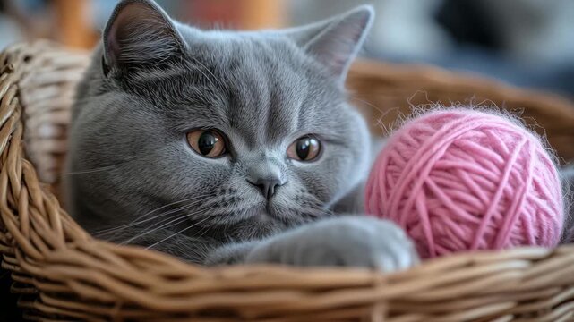 A sweet gray kitten sits in a warm basket beside a fluffy pink ball of yarn. The curious kitten watches the yarn closely, ready to pounce and play joyfully in a cozy home setting.