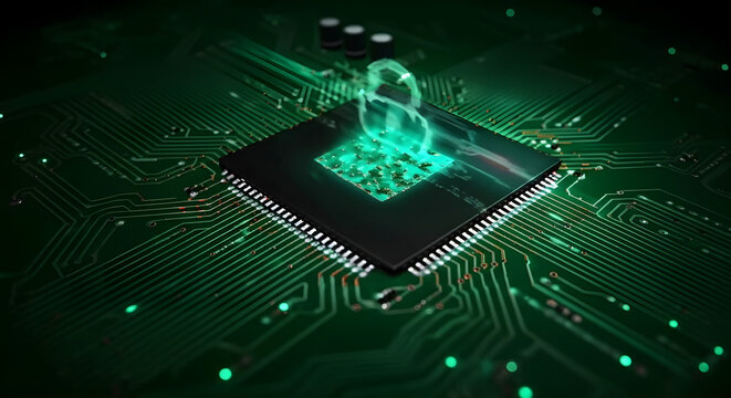 Glowing green padlock on a microchip, symbolizing cybersecurity and data protection