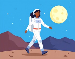 A Black astronaut walks on a planet surface with the moon in the background