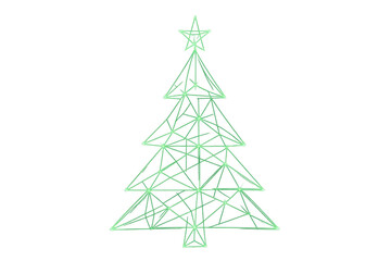 Christmas tree outline wireframe graphic on transparent background, glowing green digital geometry design with star