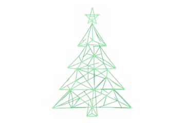 Christmas tree outline wireframe graphic on transparent background, glowing green digital geometry design with star